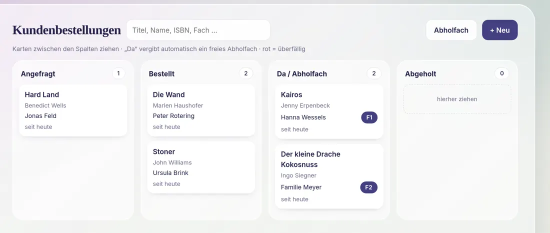 Kundenbestellungen als Spalten: angefragt, bestellt, da im Abholfach, abgeholt