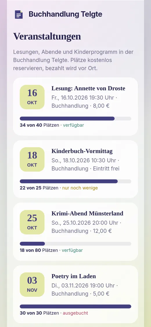 Öffentliches Veranstaltungsprogramm mit Live-Platzanzeige
