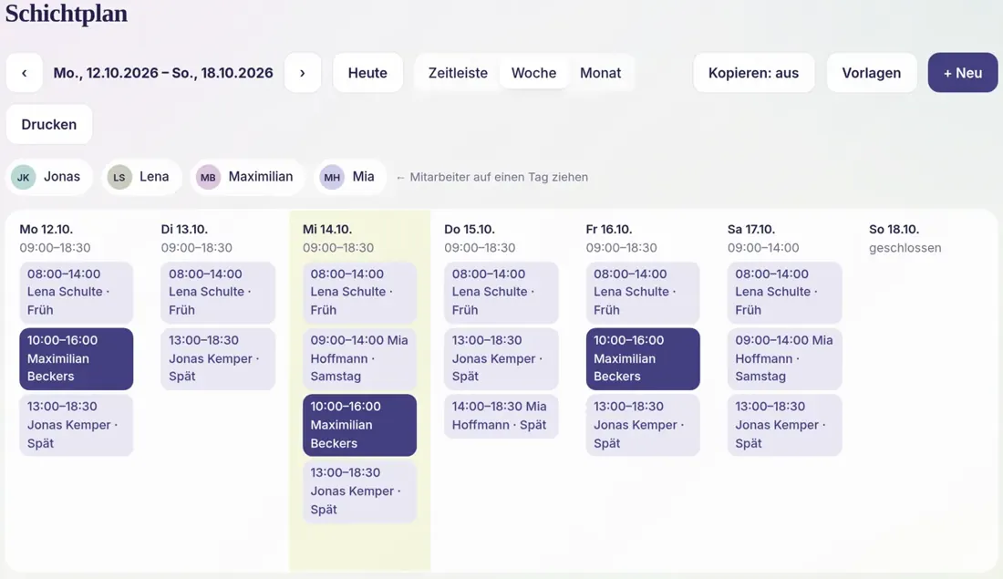 Schichtplan als Wochenraster mit allen Schichten