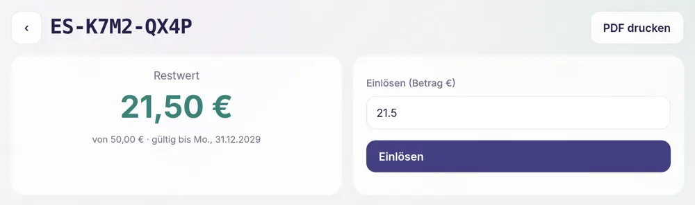 Gutschein mit Restwert 21,50 € von 50,00 € und Einlösen-Feld