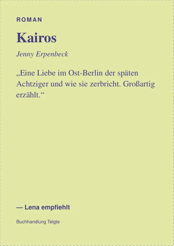 Fertige Regalkarte aus dem PDF: Roman, Kairos, Jenny Erpenbeck, Lena empfiehlt