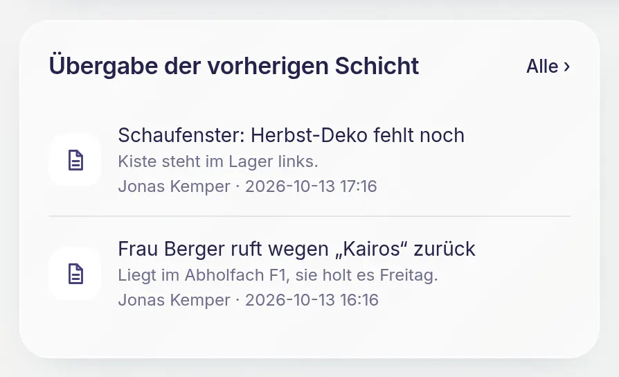 Übergabe der vorherigen Schicht mit zwei Notizen