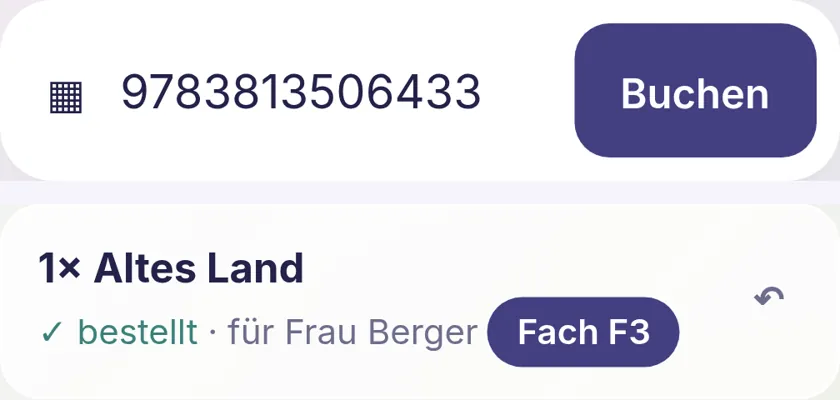 ISBN-Scan im Wareneingang, Treffer: 1× Altes Land, bestellt für Frau Berger, Fach F3