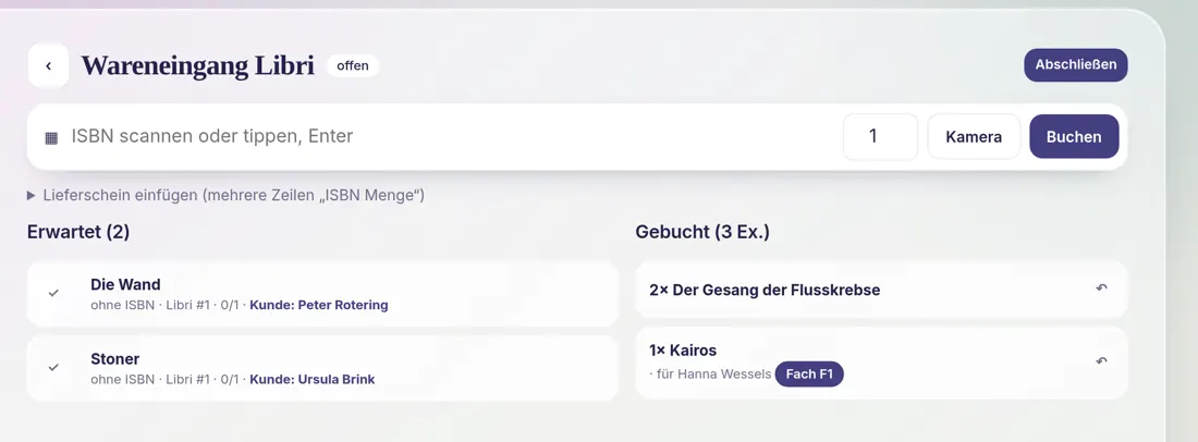 Wareneingang: erwartete Titel mit Kundennamen, gebuchte Exemplare mit Abholfach